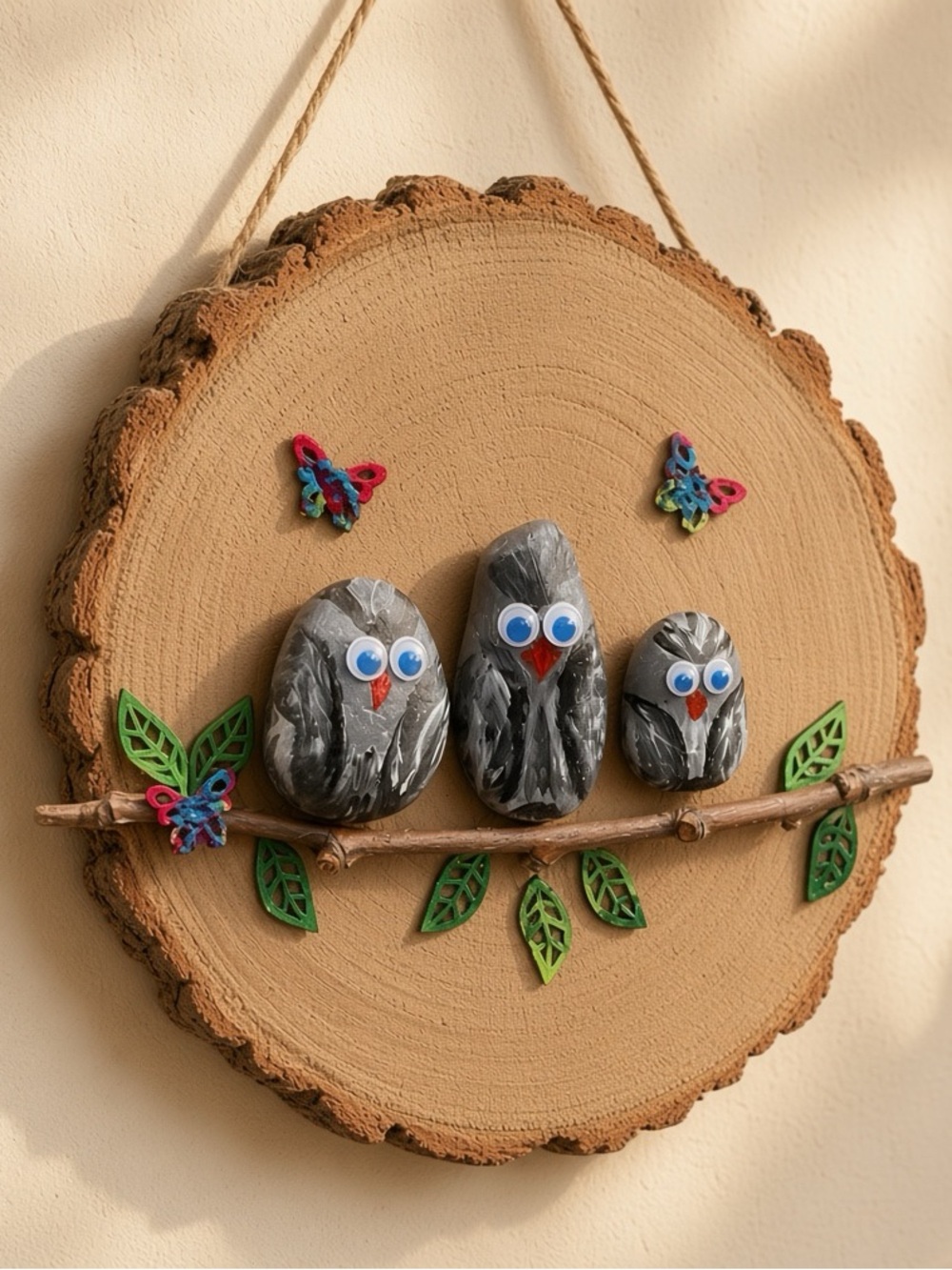 Handcrafted Owl Wall Decor with Natural Wood and Stone